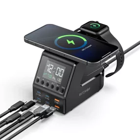   BlitzWolf® BW-FW10 – 240-W-Desktop-Schnellladegerät und Wecker, 6 USB-Ladeanschlüsse (Typ C und USB-A) + kabelloses Laden