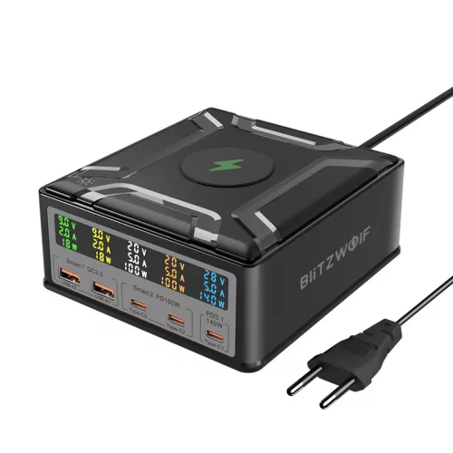 BlitzWolf® BW-S28 260W Desktop 5x USB PD+QC3.0 Desktop-Schnellladegerät, 3x Typ-C + 2x USB-A + kabelloser Qi-Ladeanschluss