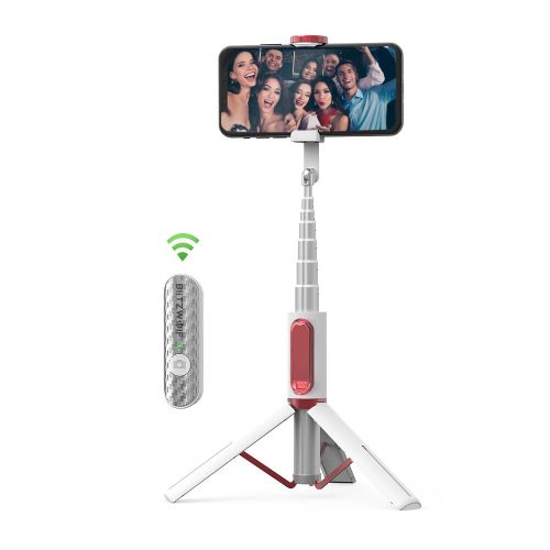 BlitzWolf® BW-BS10 Tragbarer Selfie-Stick mit ausziehbarem Stativ, verdeckter Telefonklemme, bis zu 720 mm Länge, abnehmbare Fernbedienung - weiß