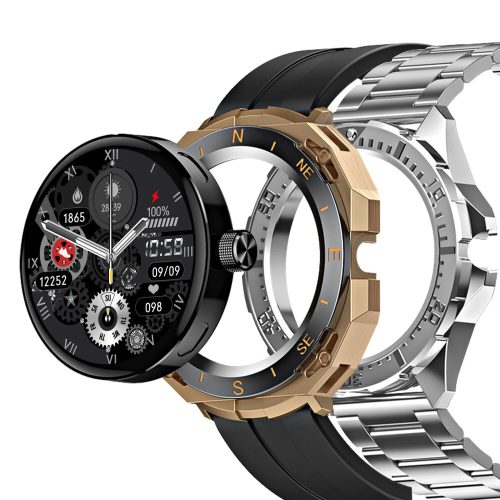 Blitzwolf® BW-AT3 Smartwatch, austauschbares Gehäuse + Armband (schwarzes Silikon + silbernes Metall), BT-Anruf und Smart-Funk.