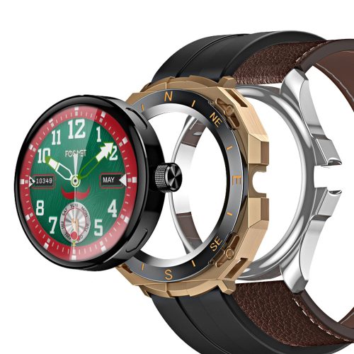 Blitzwolf® BW-AT3 Smartwatch, austauschbares Gehäuse + Armband (schwarzes Silikon + braunes Leder), BT-Anruf und Smart-Funktionen