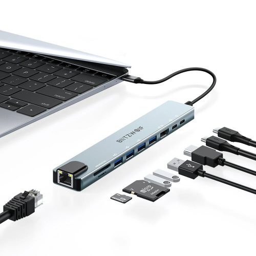 BlitzWolf BW-NEW-TH5 USB-Hub 10 in 1: 1x HDMI-Port, 4x USB-A 3.0, 1x RJ45, Leistungsübertragung: 100W, SD-Kartenleser