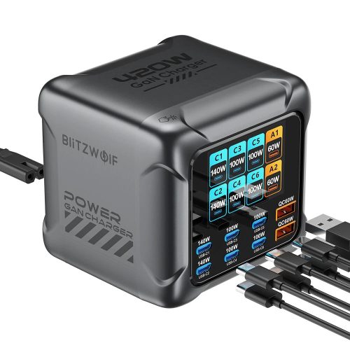 Blitzwolf® BW-S33 – 420W-Schnellladestation mit 8 Anschlüssen (6x USB-C + 2x USB-A) und Digitalanzeige