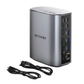   Blitzwolf BW-TH15 Hub 17 in einem: 2x 4K HDMI, 1x DP-Anschluss, USB Typ-C 3.2 Gen2, 4x USB-A, SD-Kartenleser, 3,5-Buchse, LAN-Anschluss