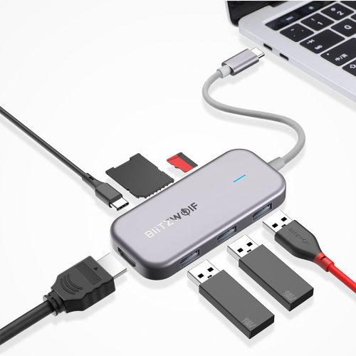 BlitzWolf® BW-TH5 7-in-1-USB-C-Datenhub mit 3-Port-USB-3.0-TF-Kartenleser, HDMI- und USB-C-PD-Aufladung