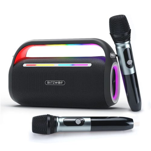 BlitzWolf® BW-WA7 - Karaoke-Set mit 2 Mikrofonen - 120-W-BT-Lautsprecher, Stimmenverzerrer, 15 Stunden Betriebszeit, LED-Leuchten