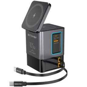   Blitzwolf BW-i116 Max – Desktop-Ladestation – mit integriertem, einziehbarem USB-C-Kabel und kabelloser Ladefunktion (Qi) 6 port