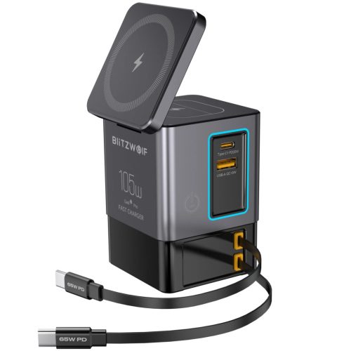 Blitzwolf BW-i116 Max – Desktop-Ladestation – mit integriertem, einziehbarem USB-C-Kabel und kabelloser Ladefunktion (Qi) 6 port