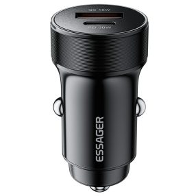   ESSAGER® ES-CC24 PD 30W – Kfz-Ladegerät aus Aluminium. 1x USB-A + 1x USB Typ-C Schnellladeanschluss, intelligenter Chip – Schwarz