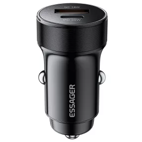   ESSAGER® ES-CC24 PD 30W – Kfz-Ladegerät aus Aluminium. 1x USB-A + 1x USB Typ-C Schnellladeanschluss, intelligenter Chip – Schwarz