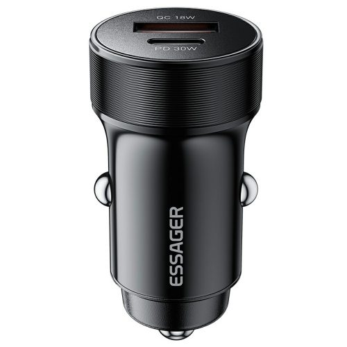 ESSAGER® ES-CC24 PD 30W – Kfz-Ladegerät aus Aluminium. 1x USB-A + 1x USB Typ-C Schnellladeanschluss, intelligenter Chip – Schwarz