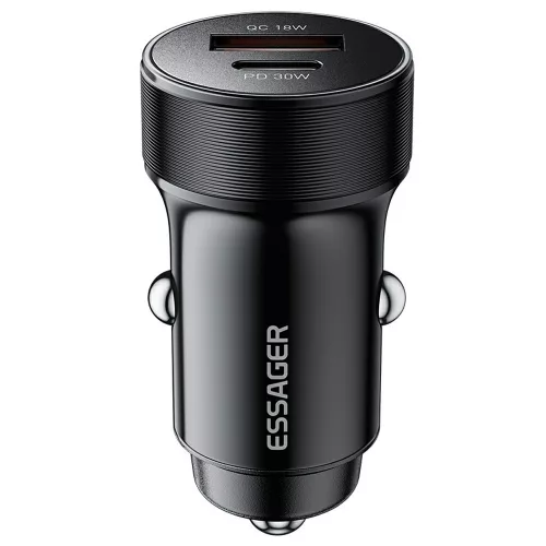 ESSAGER® ES-CC24 PD 30W – Kfz-Ladegerät aus Aluminium. 1x USB-A + 1x USB Typ-C Schnellladeanschluss, intelligenter Chip – Schwarz