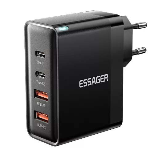 ESSAGER® ES-CD37 – 100-Watt-USB-Wandladegerät – 4 Anschlüsse (2x USB-C + 2x USB-A) für Android, Apple und Windows