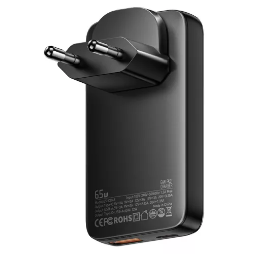 ESSAGER® ES-CD46 – 65 Watt, ultraflaches USB-Wandladegerät – 2 Anschlüsse (1x USB-C + 1x USB-A) für Android, Apple und Windows