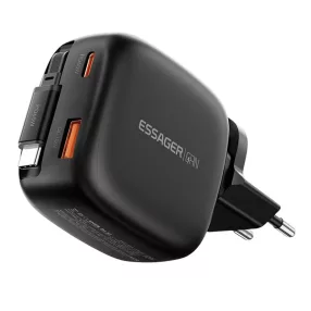   ESSAGER® ES-CD60 – 65-Watt-USB-Wandladegerät mit integriertem, einziehbarem USB-C-Kabel –3 Ladeanschlüsse