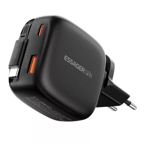 ESSAGER® ES-CD60 – 65-Watt-USB-Wandladegerät mit integriertem, einziehbarem USB-C-Kabel –3 Ladeanschlüsse