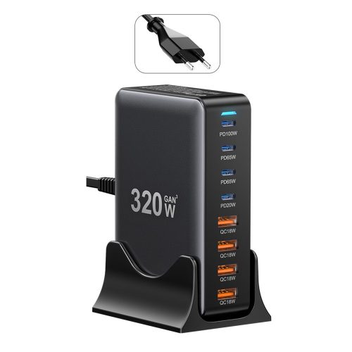 ESSAGER® YMX-320W – 320W USB Desktop-Schnellladegerät – 8 Anschlüsse (4x USB-C + 4x USB-A) für Android, Apple und Windows