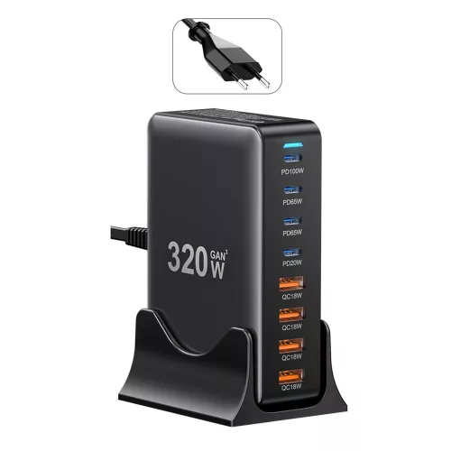 ESSAGER® YMX-320W – 320W USB Desktop-Schnellladegerät – 8 Anschlüsse (4x USB-C + 4x USB-A) für Android, Apple und Windows