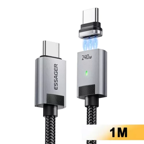 ESSAGER ES-X95 – Magnetisches USB-C auf USB-C Kabel (1 m). 240W Power Delivery, strapazierfähige Nylon-Ummantelung.