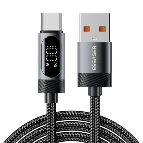   ESSAGER ES-X64 – 1 Meter langes Type-A - Type-C Kabel. Digitalanzeige, 100-W-Ladefunktion, Perlmuttstoffbezug
