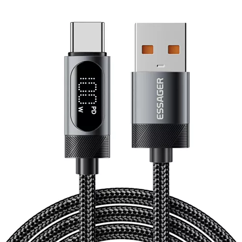 ESSAGER ES-X64 – 2 Meter langes Type-A - Type-C Kabel. Digitalanzeige, 100-W-Ladefunktion, Perlmuttstoffbezug