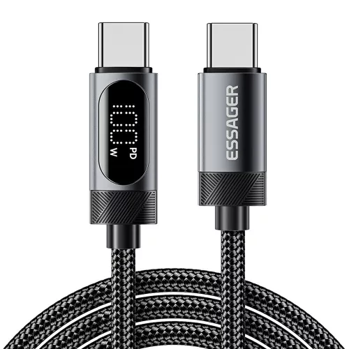 ESSAGER ES-X64 – 2 Meter langes Type-C - Type-C Kabel. Digitalanzeige, 100-W-Ladefunktion, Perlmuttstoffbezug