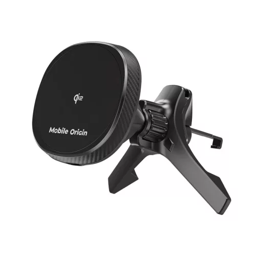 Mobile Origin® CA15 - 15W MagSafe kabelloses Autoladegerät + Telefonhalterung. Flaches Lüftergitter montierbar
