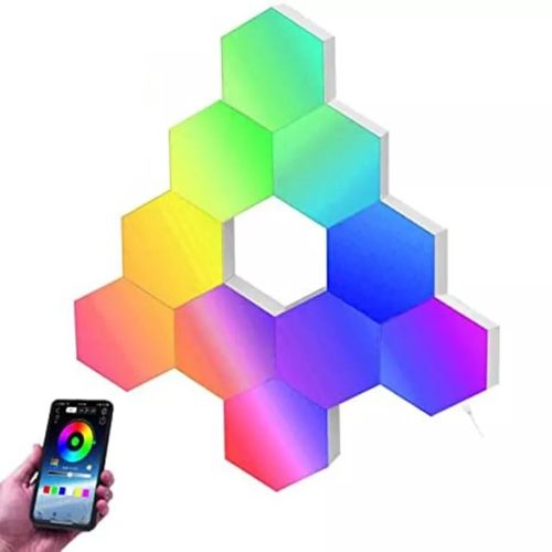 RSH® QG10 - Smart Hexagon Color (RGB) Wandleuchte - 10 Stk., Anwendung + Fernbedienung, sechseckig, RGB-Farbskala, kann an die Wand geklebt werden