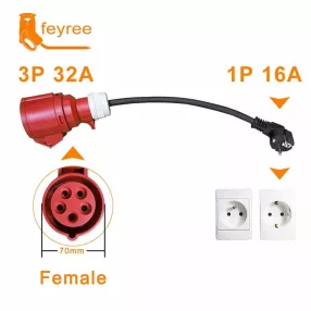   3-Phasen-auf-1-Phasen-Konverterkabel zum Laden von Elektroautos - 1-Phasen-Wandsteckdose 1 x 16 A (3,7 kW) auf 3 x 32 A (22 kW) Konverter