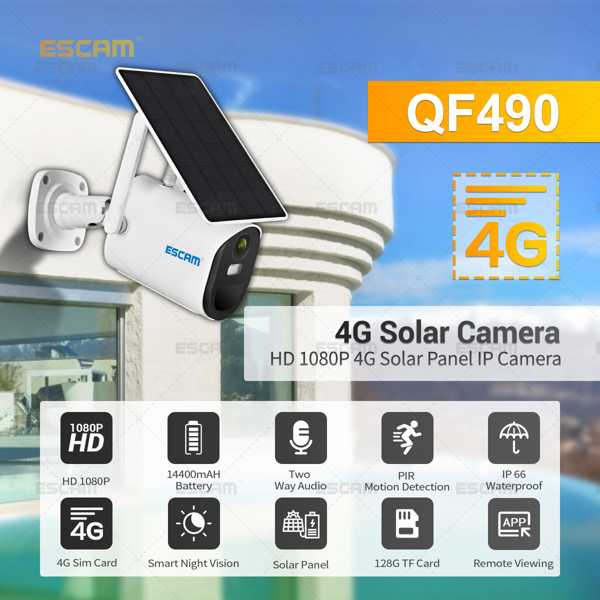 ESCAM QF490 - IP-Kamera mit 4G-SIM-Karte + Solarpanel: 1080P